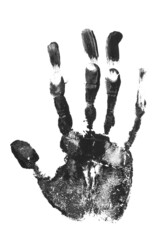  Hand print in black paint isolated on white background, with clipping path
