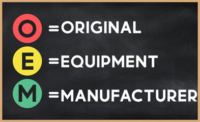 Original equipment manufacturer - OEM acronym written on chalkboard, business acronyms.