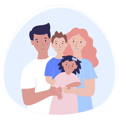 Happy family. Father, mother, son and daughter together. A couple with children. Flat style vector illustration. Family portrait