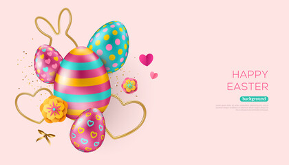 Happy Easter eggs with 3d gold hearts and rabbit on pink background. Vector illustration. Place for text. Golden metal shape and paper cut spring flowers. Gift card voucher template, poster, banner