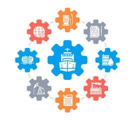 Oil industry modern icons in infographic circle. Fuel Truck, Engineer, Gasoline, Cargo Ship vector concept design.