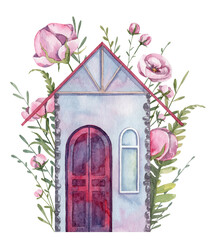 Cute small cottage facade with blooming spring flowers and green leaves. Watercolor hand painted detailed illustration on a white background for creating greeting cards and posters