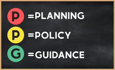 Planing policy guidance - PPG  acronym written on chalkboard, business acronyms.