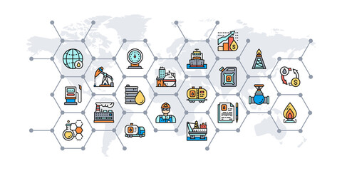 Oil industry presentation banner with colored icons. Fuel Truck, Engineer, Gasoline, Cargo Ship infographics for web business concept.