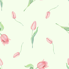 Watercolor tulips seamless pattern. International women's day. For design, card, print or background.