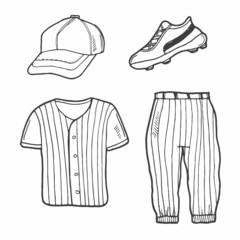 Baseball doodle uniform. Vector baseball shirt, pants, baseball cap and sport shoe.