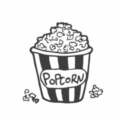 Doodle bucket of Popcorn. Vector linear illustration. Doodle style drawing.