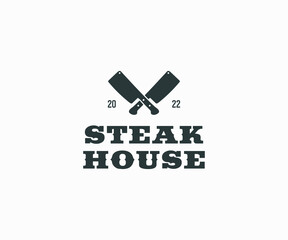 Butchery Shop Logo Design Template. Cow and meat cleaver knife vector design. Steakhouse logo design. 