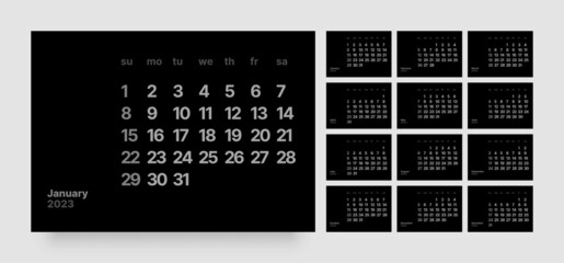 Monthly calendar template for 2023 year. Wall calendar in a minimalist style. In dark colors. Week Starts on Sunday. 