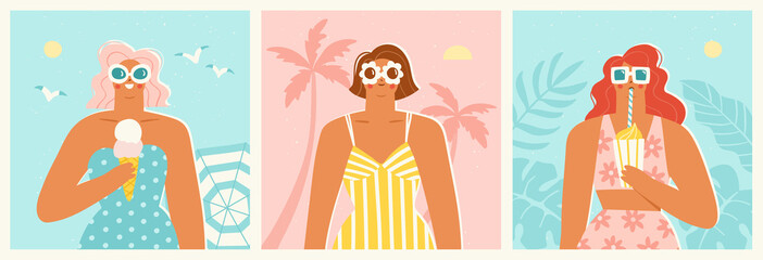 Set of three girls wearing sunglasses enjoying their summer vacation. Vector illustration of women on a beach or at a resort in trendy retro style. Banner or poster designs.