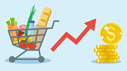 Rising food prices. Grocery cart with different products. Dollar growth, red arrow up. Golden stack of dollar coins. Flat vector illustration on a blue background. 