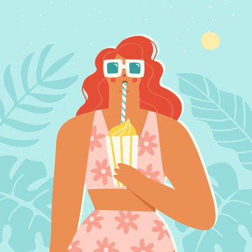 Vector illustration of a girl with a milkshake spending her summer vacation at a resort. Young woman wearing sunglasses and a swimsuit with tropical leaves behind. Summer holiday concept.
