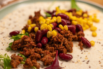 Healty food close up with meet, corn and beans