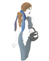 Digital art woman illustration. Watercolor technique. Woman in dress.