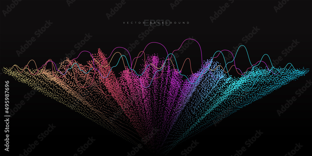 Poster abstract colorful dynamic particle wave graphic vector illustration for multipurpose usage like tech