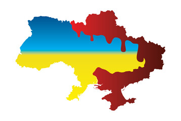 Map of Ukraine with bloody war zone and ukrainian national flag on background. International protest poster. Banner calling to stop the war of russia against Ukraine. Vector eps8 illustration.