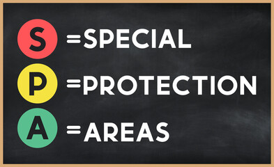 Special protection areas - SPA  acronym written on chalkboard, business acronyms.
