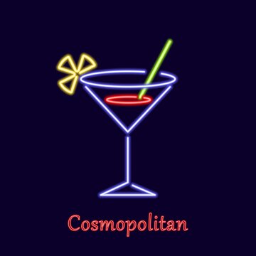 Neon cosmopolitan cocktail. Glowing trendy alcoholic drink with straws and lemon slice. Modern classic with triple sec liqueur with vodka and cranberry vector juice