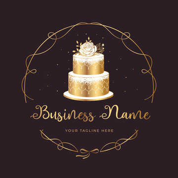 Cake logo design, bakery logo, wedding cake with golden sequins and white flowers