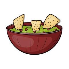 Vector doodle illustration of spicy mexican food. Guacamole sauce with nachos chips isolated on white.