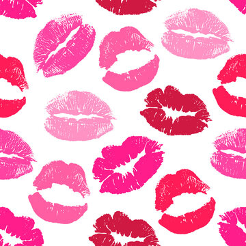 Lips print on wrapping paper and cloth. World Kissing Day, Valentine's Day. Vector seamless pattern background.