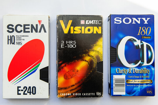 Gomel, Belarus - March 17, 2022. Old VHS videotapes from EMTEC, SONY, SCENA for recording and showing videos on a VCR.