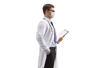 Male doctor with a clipboard wearing a medical mask