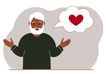 Sad grandfather thinks about love. In the balloon of thought is a red heart. Vector