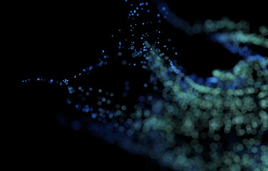 3D Render of many small green and blue particles flying on black festive background. Trendy backdrop for your design. Three-dimensional illustration