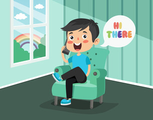 Cute Cartoon Boy Talking on Phone Flat Illustration