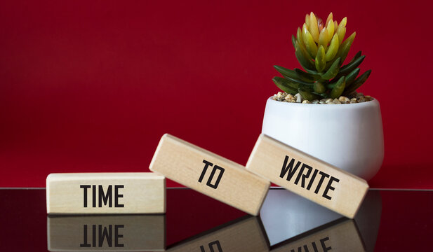 Text Time To Write Lettering Wooden Blocks on red and black background with cactus flower. Business Concept