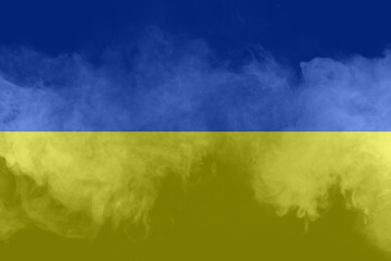 Flag of Ukraine covered by black smoke, concept collage about political crisis