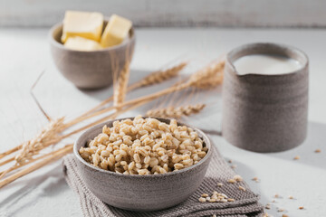 Bowl of cooked peeled barley grains porridge