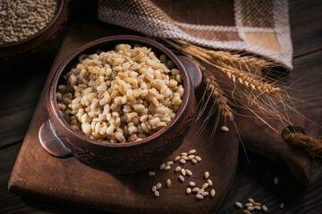 Tasty pearl barley cereal porridge in a bowl