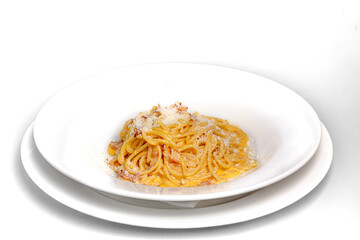 Pasta carbonara with bacon, eggs and parmesan