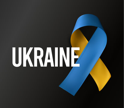 Ukraine support symbol, blue and yellow ribbon on dark background. Awareness war poster, vector illustration
