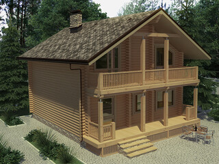 3d render of an architectural project of a wooden house from a log house in the forest. Two story house with a brown roof.