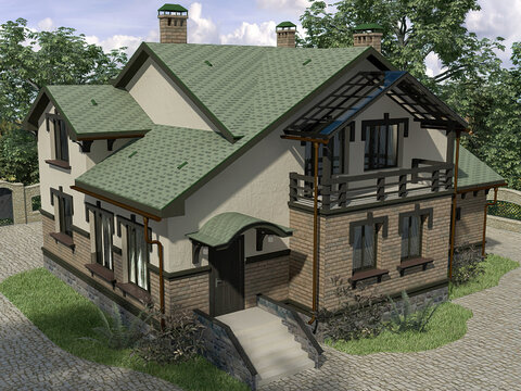 3d render of an architectural project of a country house in the forest. Country house with a green roof and a glass balcony. House on a landscaped lot.