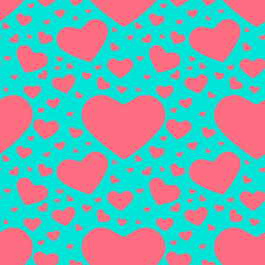 Seamless pattern, heart big and small on a blue background, for textiles, wallpaper and wrapping paper