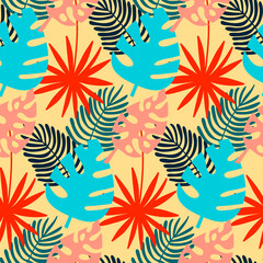 Fototapeta na wymiar Monstera and palm seamless pattern, tropical leaf yellow red blue
