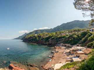 Tramuntana mountain range and Mediterranean sea beach , Mallorca, or Majorca, Balearic Islands,...