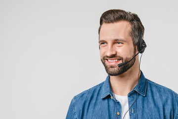 Side view photo of confident caucasian male young hotline it support worker in headphones assisting...