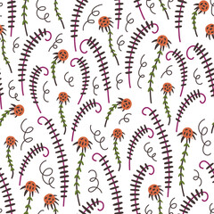 Pattern abstract flowers leaves ferns. Nature doodle hand drawn flat cartoon background nursery vector digital paper textile fabric wallpaper