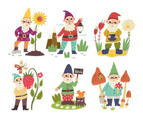 Set vector characters forest gnomes. Character dwarf elf doodle hand drawn flat cartoon background nursery vector digital paper textile fabric wallpaper