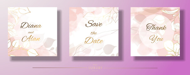 Set of invitations with flowers and leaves. Floral template for wedding card. Social media square invitation card. Abstract pink background. Vector illustration.