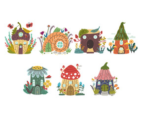 Set vector gnome forest houses. Fairy tree elf dwarf magic village. Mushroom flower acorn stump home doodle hand drawn naive art isolated building elementSet vector forest houses