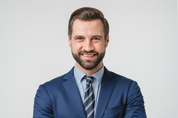 Closeup portrait of caucasian handsome businessman freelancer boss ceo tutor teacher manager in formalwear suit smiling isolated in white background