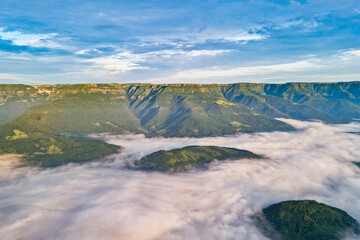 Sea of clouds and canyons in the background seen from the balloon ride in Praia Grande SC, Brazil