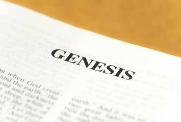 Fototapeta premium Genesis title page symbol, the first book of the Old Testament, Holy Bible beginning, world universe origin biblical story, creationism concept, single text line word line closeup macro detail, nobody