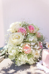 A Bouquet of white and pink roses for a bride